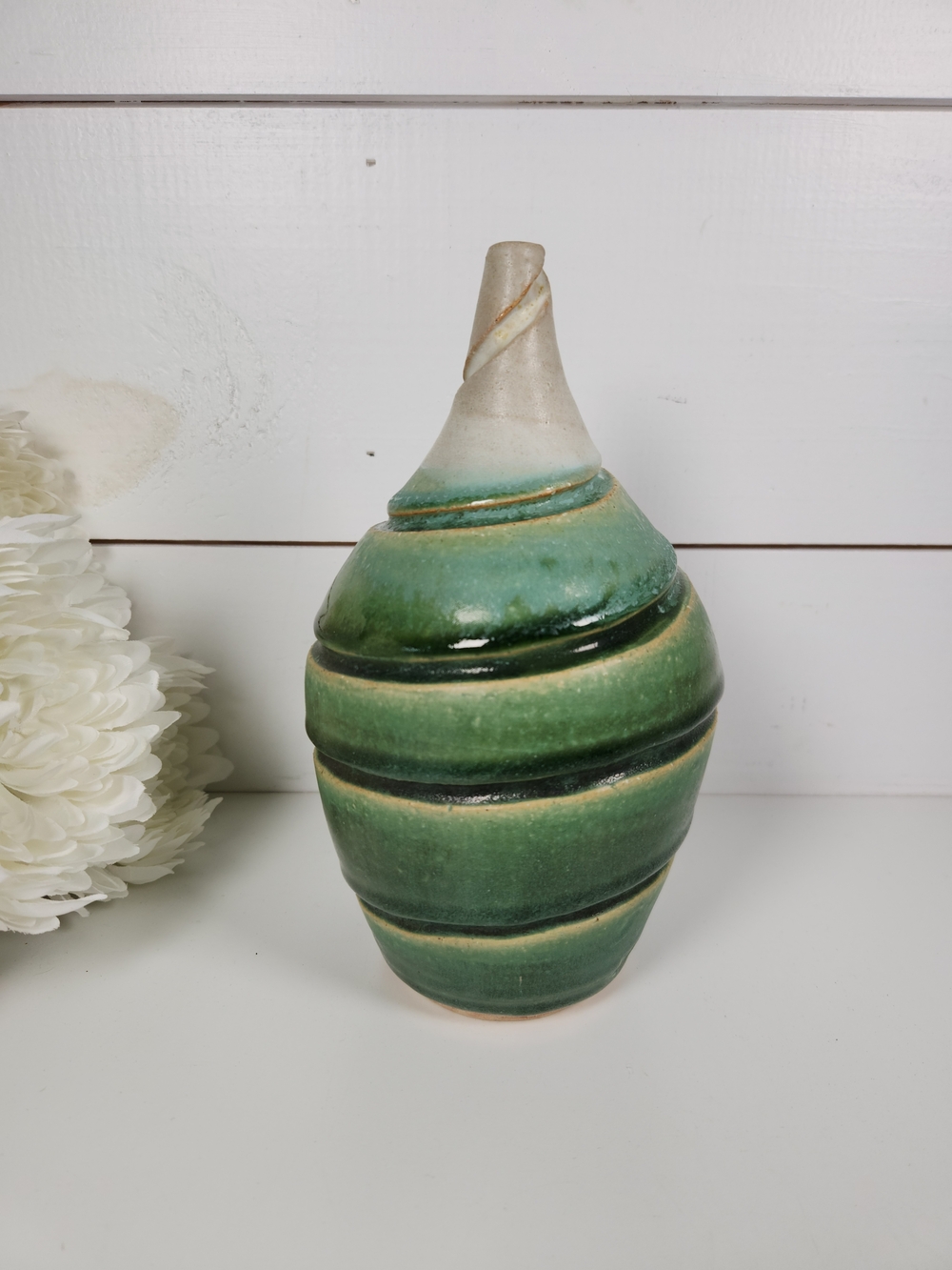 Vintage Marked Studio Pottery Green Swirl Vessel |Hand Thrown Stoneware Vase